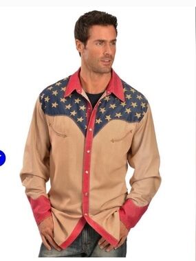 Scully Tan Western Star Yoke Shirt with Navy and Red Accents